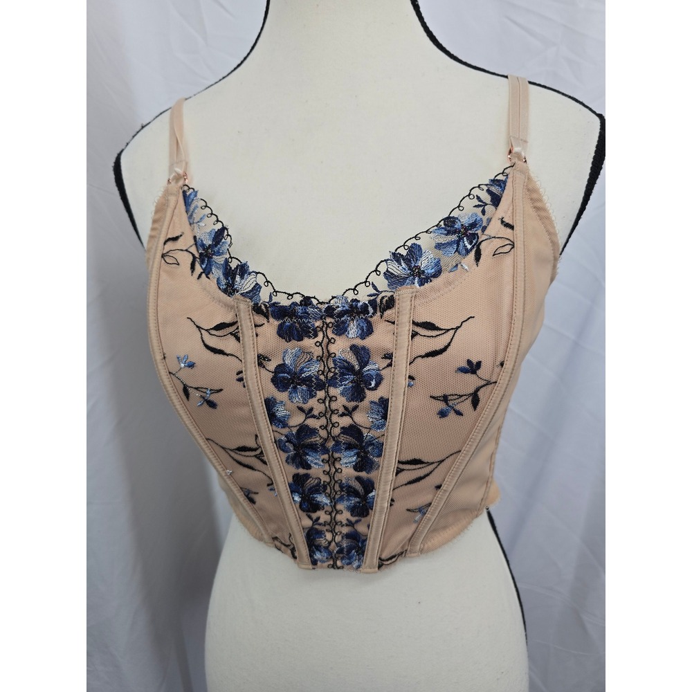 Sofia Intimates Sofia Vergara Floral Embroidered‎ Corset Top Beige Blue Mesh M